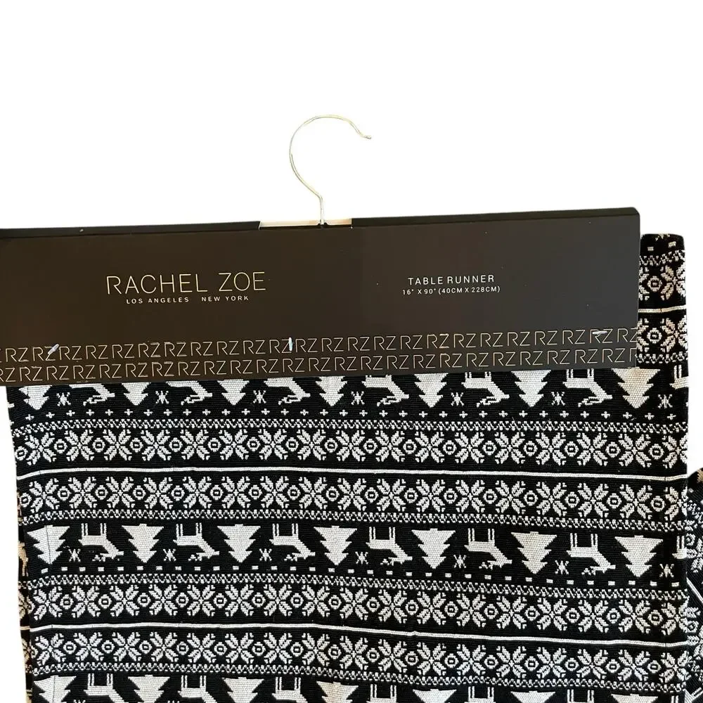 Rachel Zoe Christmas Tree Reindeer Table Runner 16x90 Holiday Black & White New